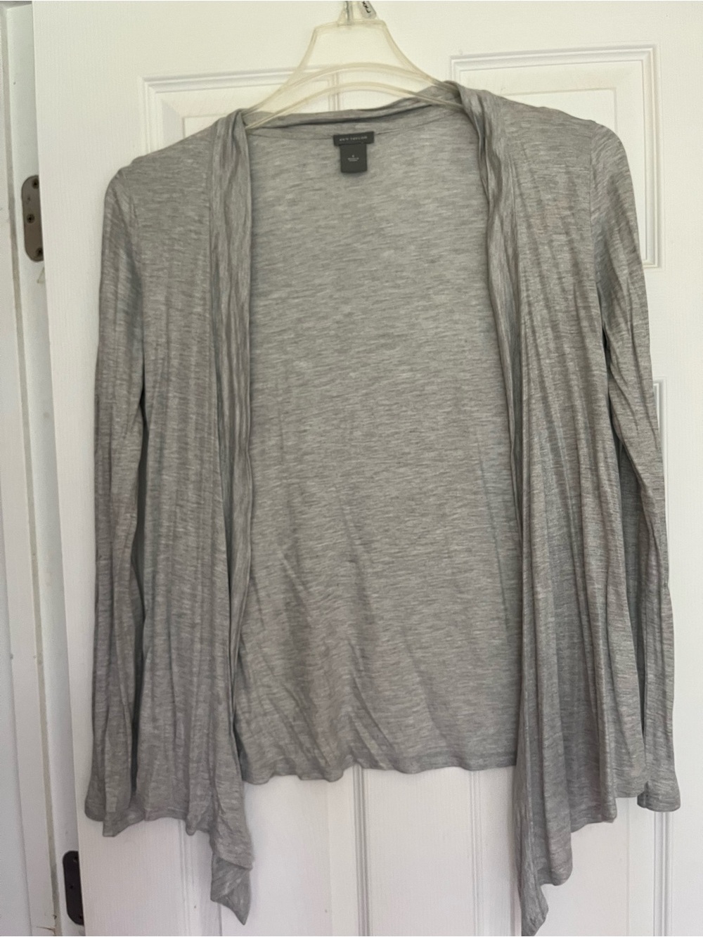 Ann Taylor Light Gray Open-Front Cardigan Sweater with silver shimmer